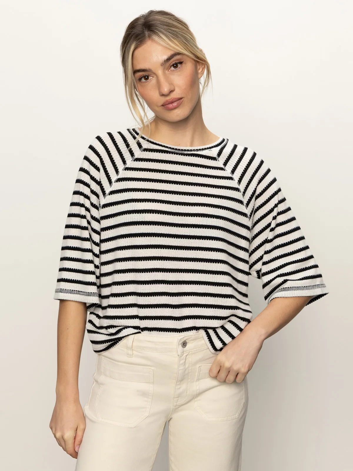 Boxy Raglan Tee Black with Light Oat Stripe Vintage Wash