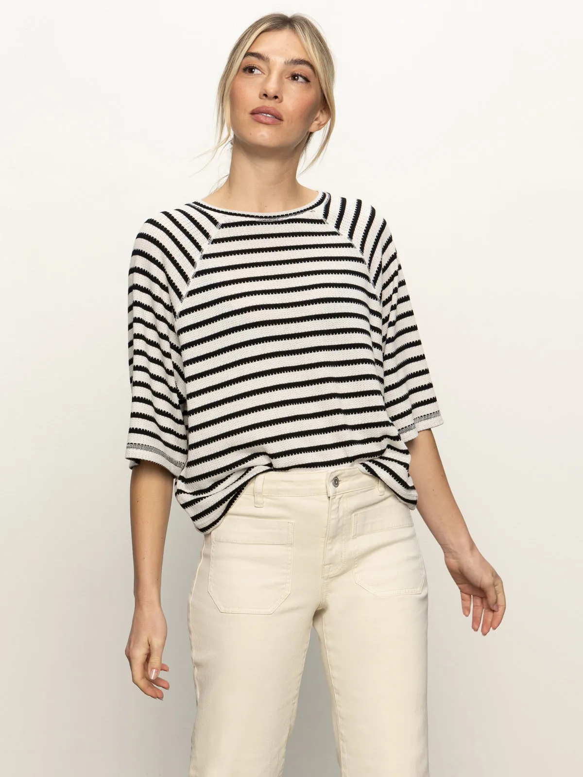 Quick Comfort Wear Boxy Raglan Tee Black with Light Oat Stripe