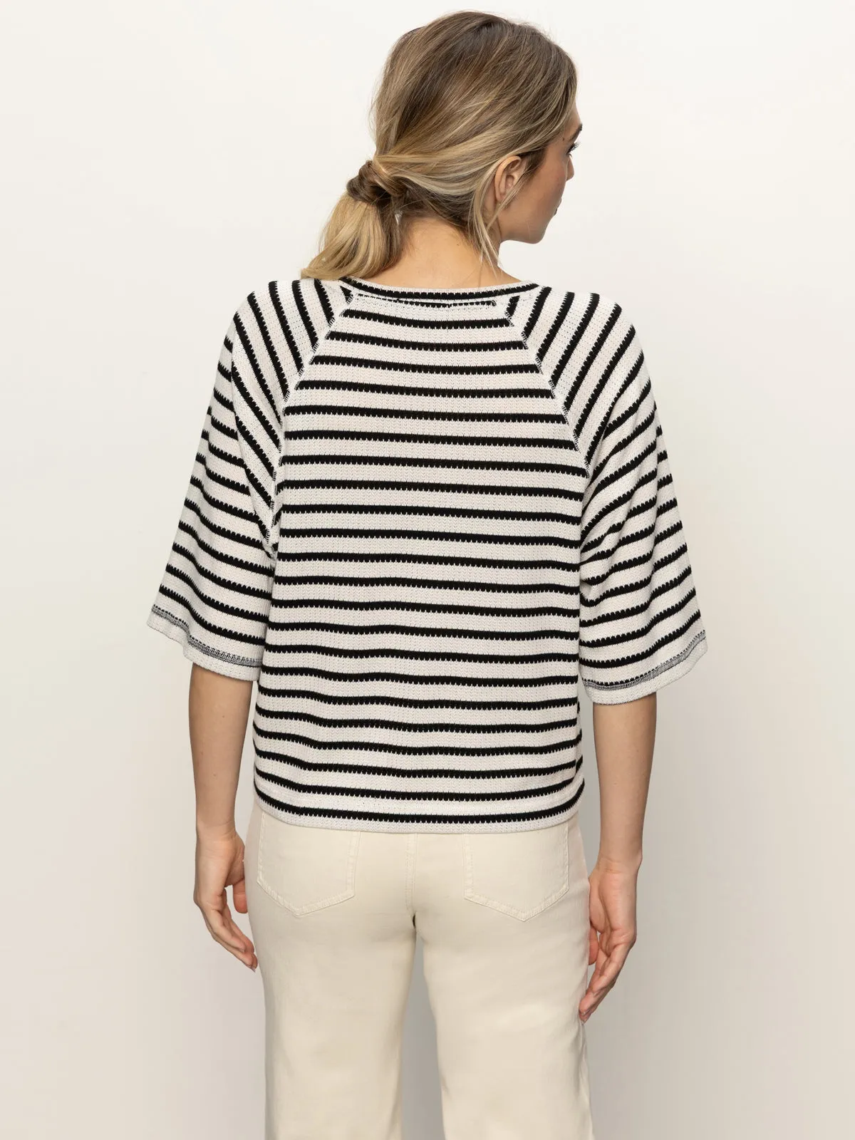 Anti microbial coating Drop Shoulder Cut Boxy Raglan Tee Black with Light Oat Stripe