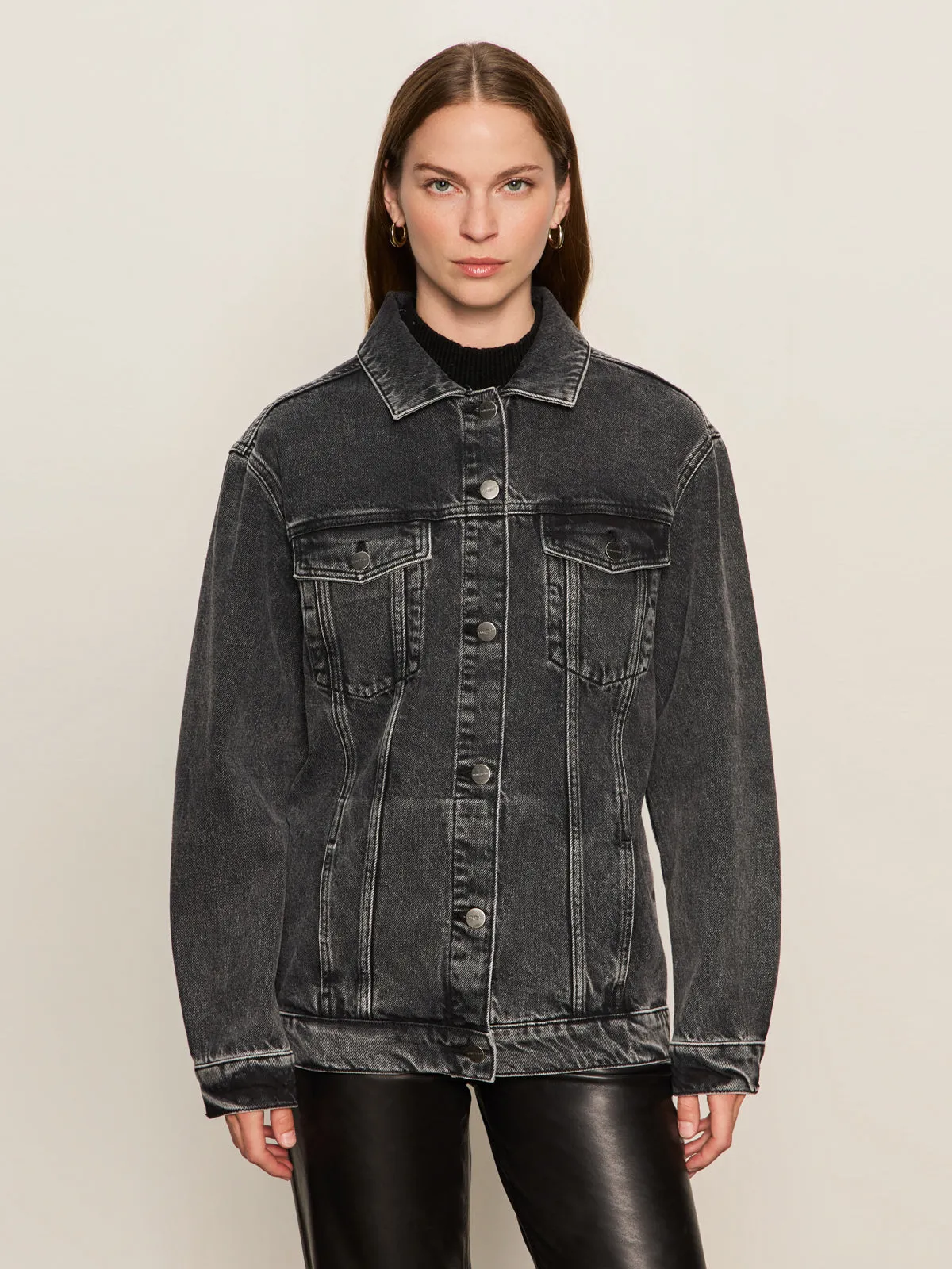 Boyfriend Trucker Jacket Washed Black Denim Everyday Loose Music Event