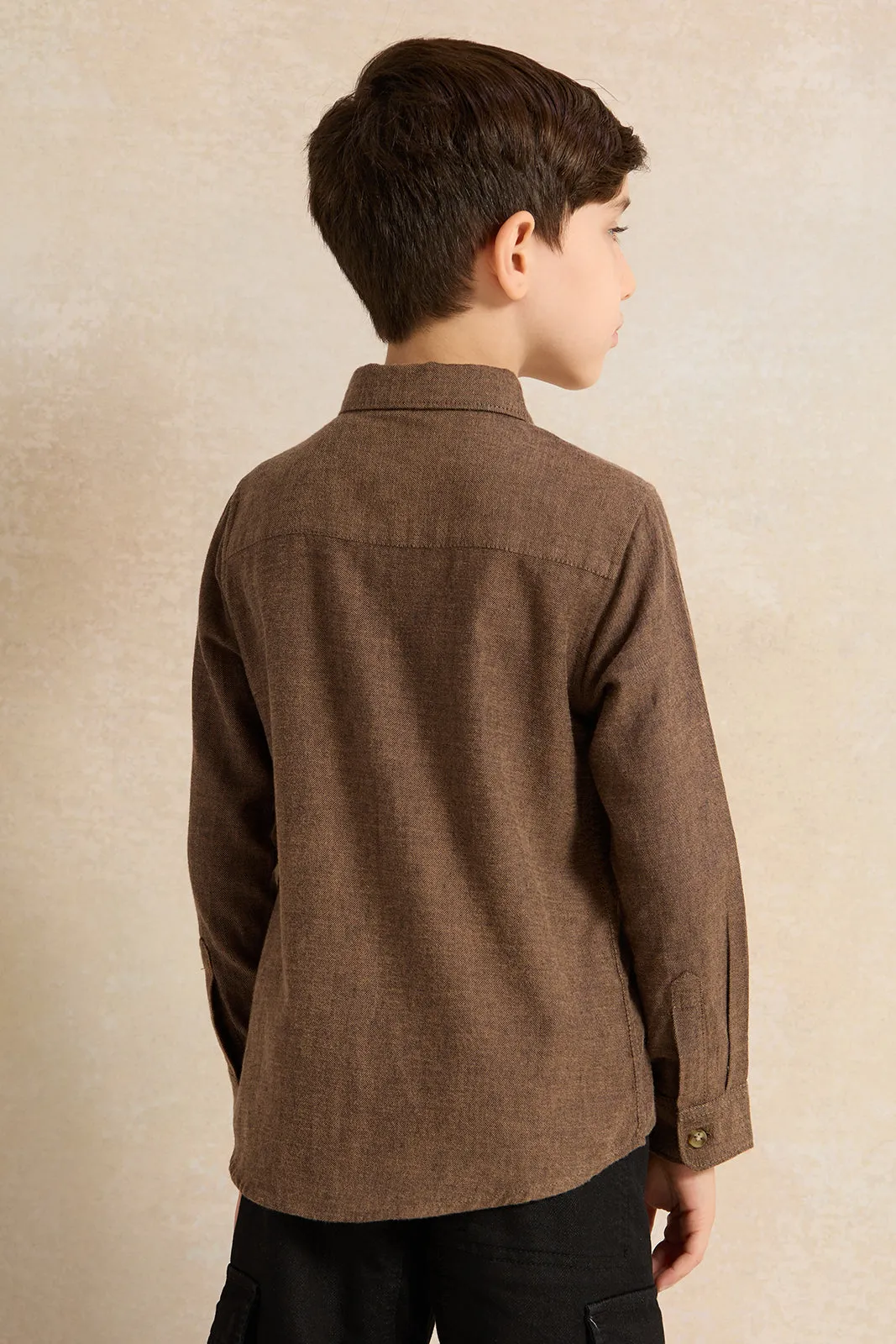 Boys Solid Beige Double Pocket Flannel  Shirt