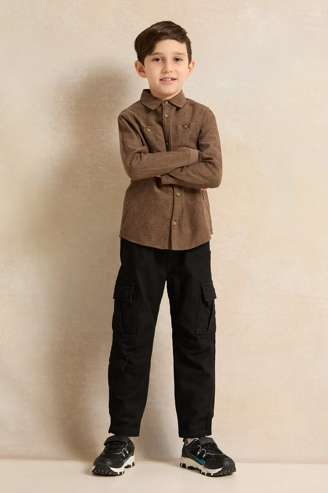 Boys Solid Beige Double Pocket Flannel  Shirt