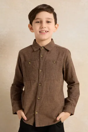 Boys Solid Beige Double Pocket Flannel  Shirt