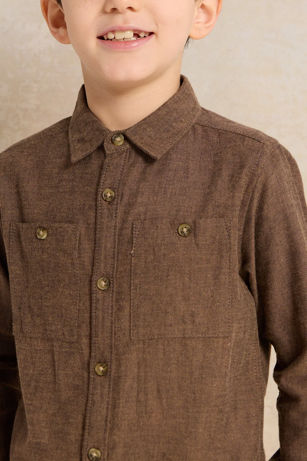 Boys Solid Beige Double Pocket Flannel  Shirt