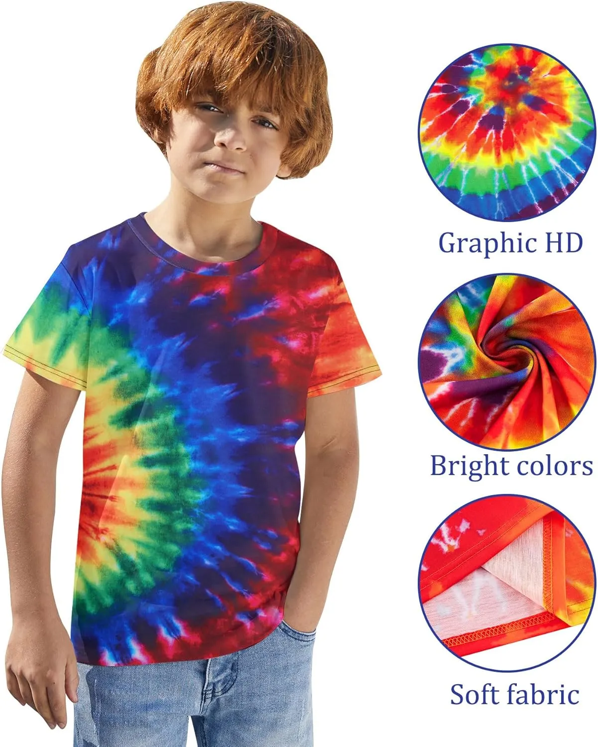 Boys Tie Dye Shirt Size 4-14 Hippies Senior Rainbow Tees T Shirts for Kids