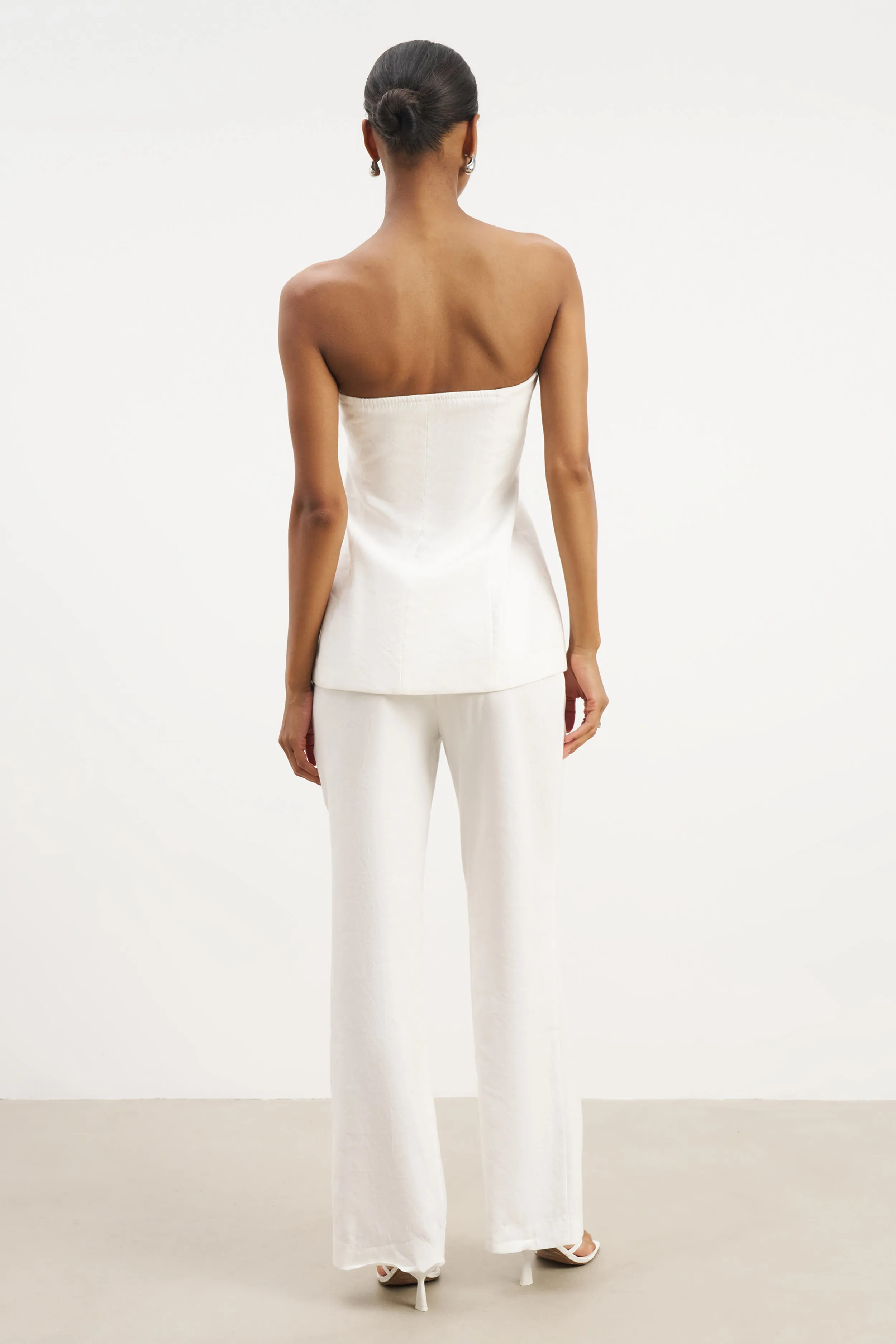 Adjustable Cuff Roll Up Sleeve Design Strapless Linen A Line Bodice - White
