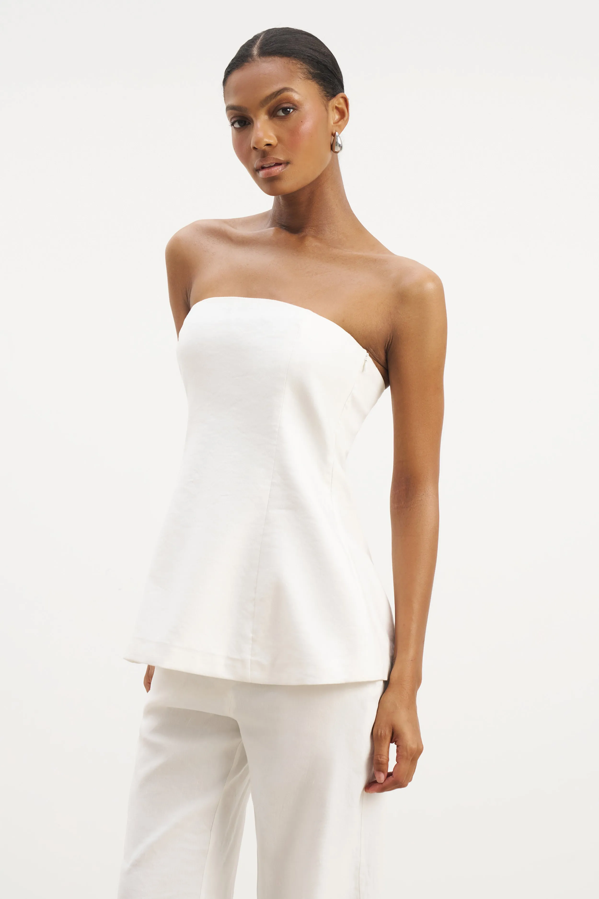 MeshPanel Strapless Linen A Line Bodice - White