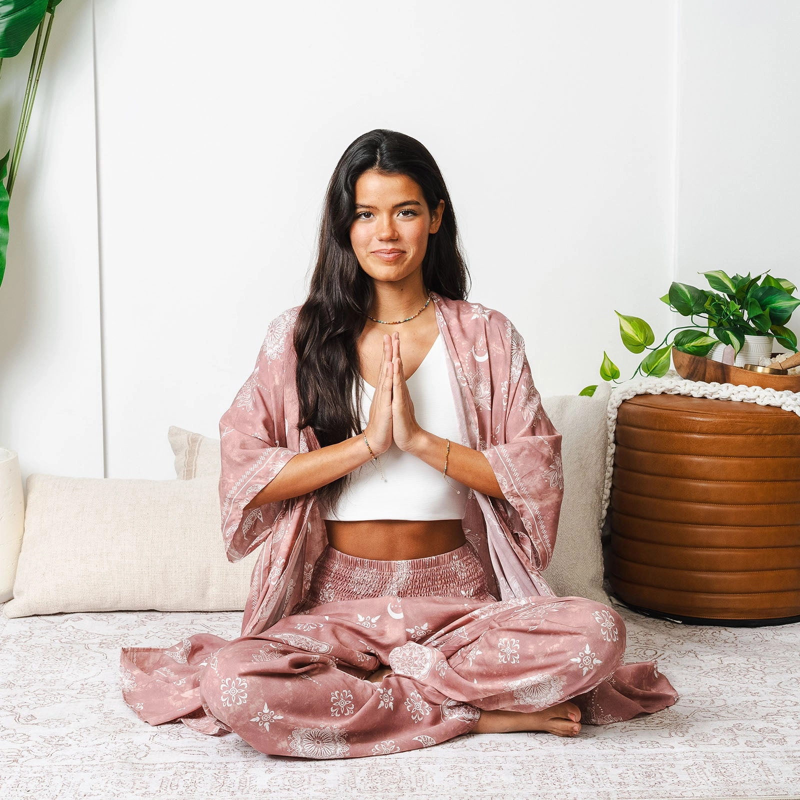 Casual Comfort Look Flexible Waistband Dusty Rose Lotus Moon Harem Pants