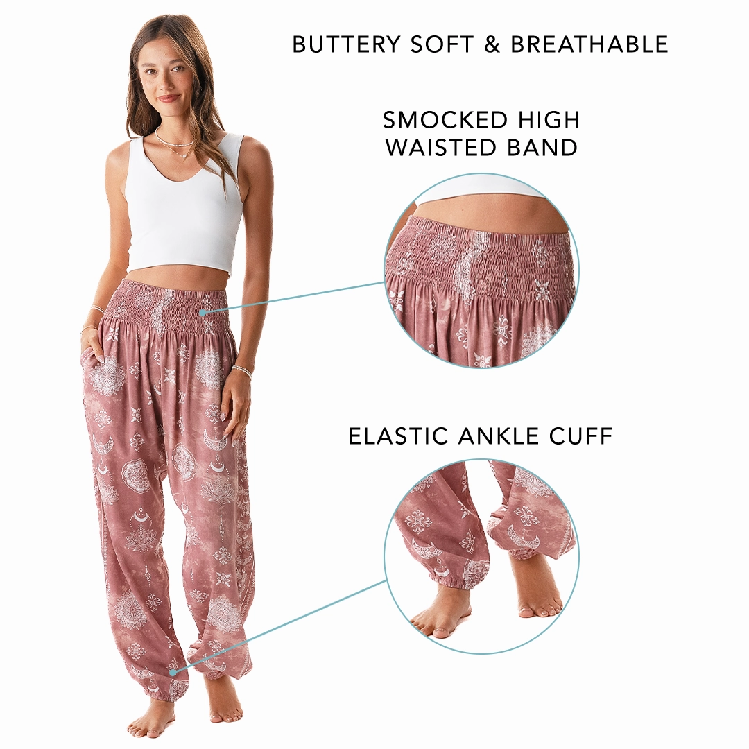 Flexibility Fit Outdoor Adventure Dusty Rose Lotus Moon Harem Pants