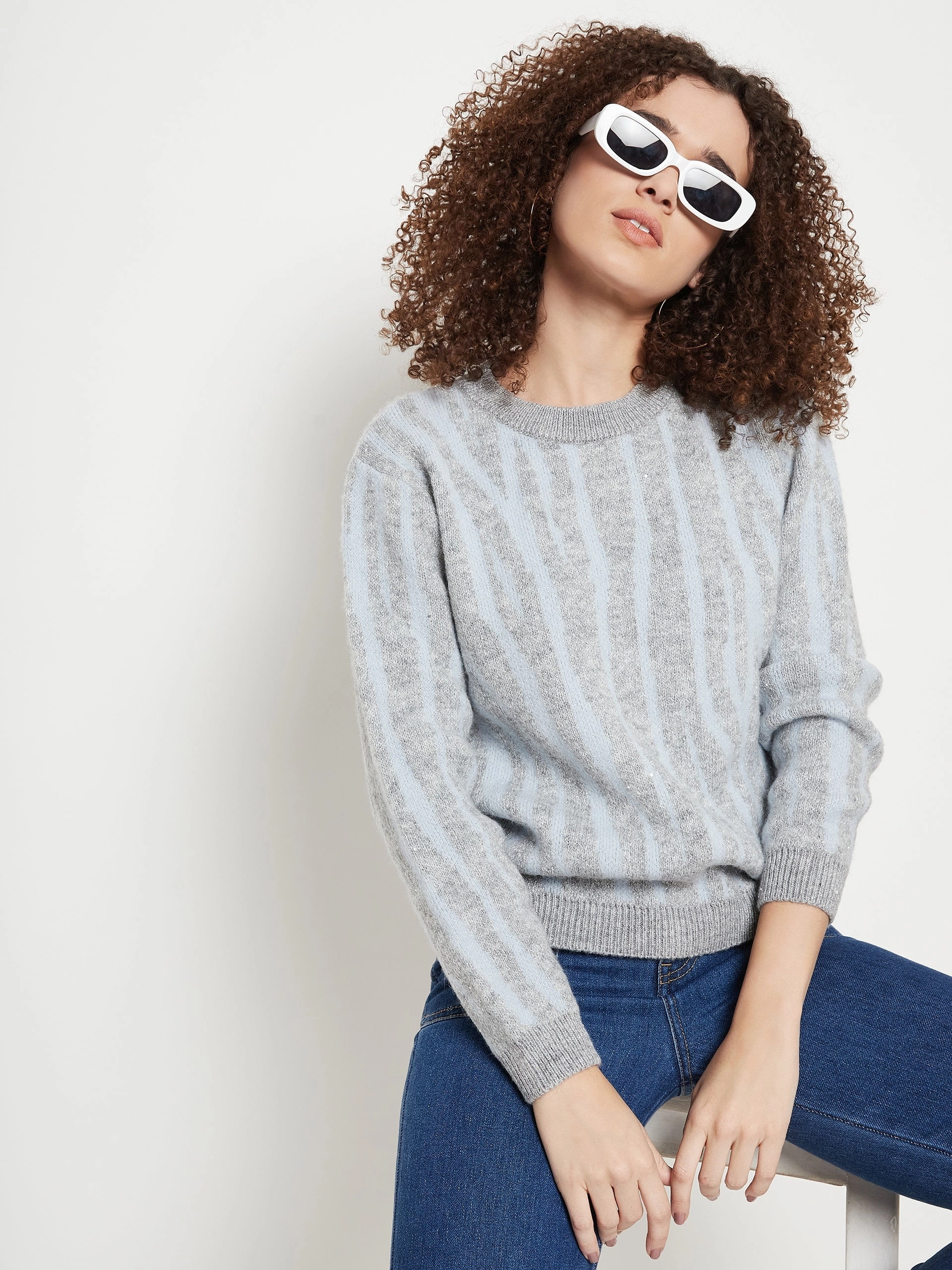 Madame Grey Round Neck Printed Sweater Casual Performance