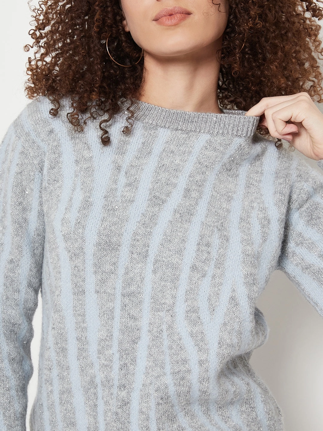 Madame Grey Round Neck Printed Sweater Sport Style Double Layered Knit