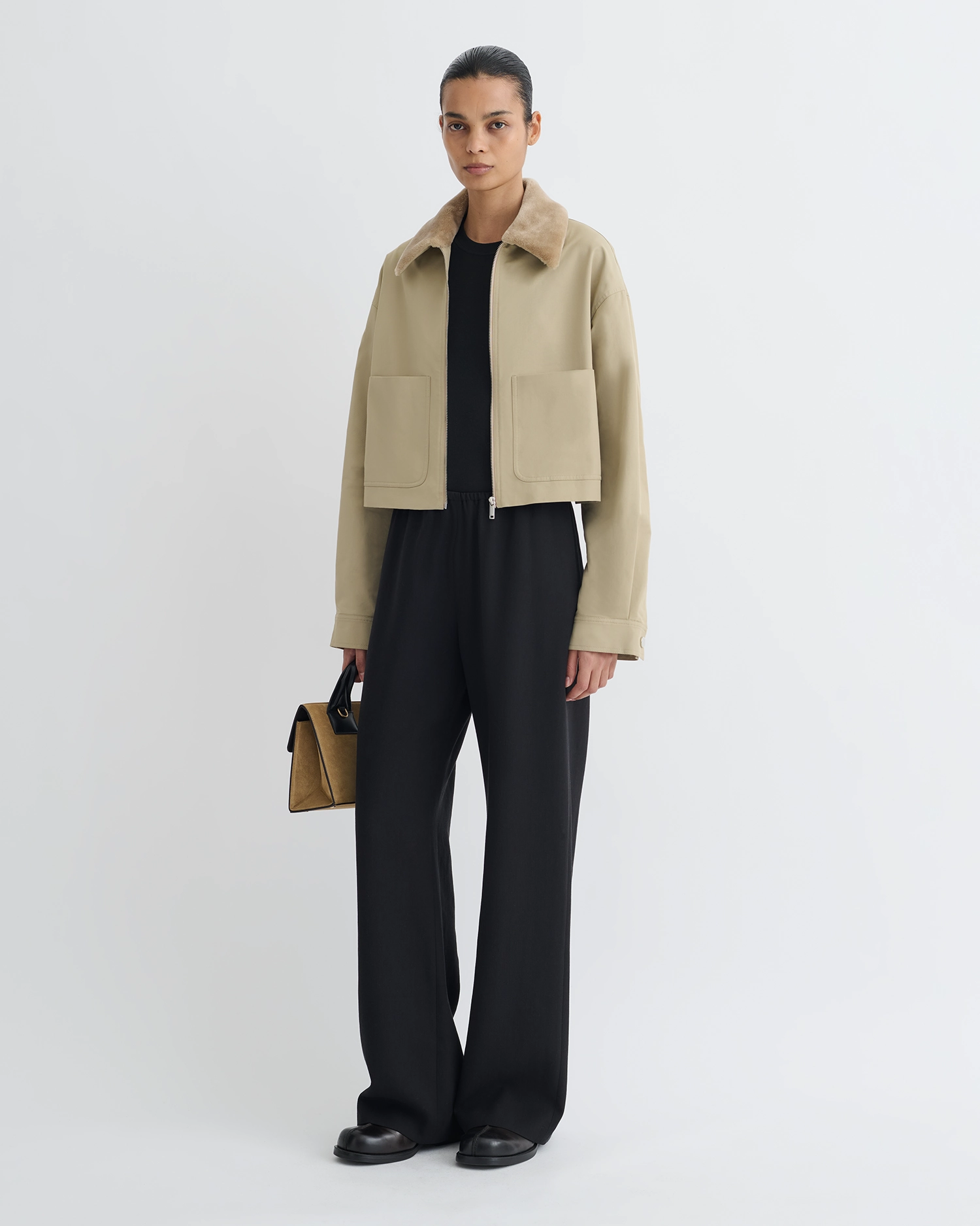 TearResistant Reinforcement opera house Phebe - Cropped Tech Twill and Faux Fur Jacket - Pebble/Beige