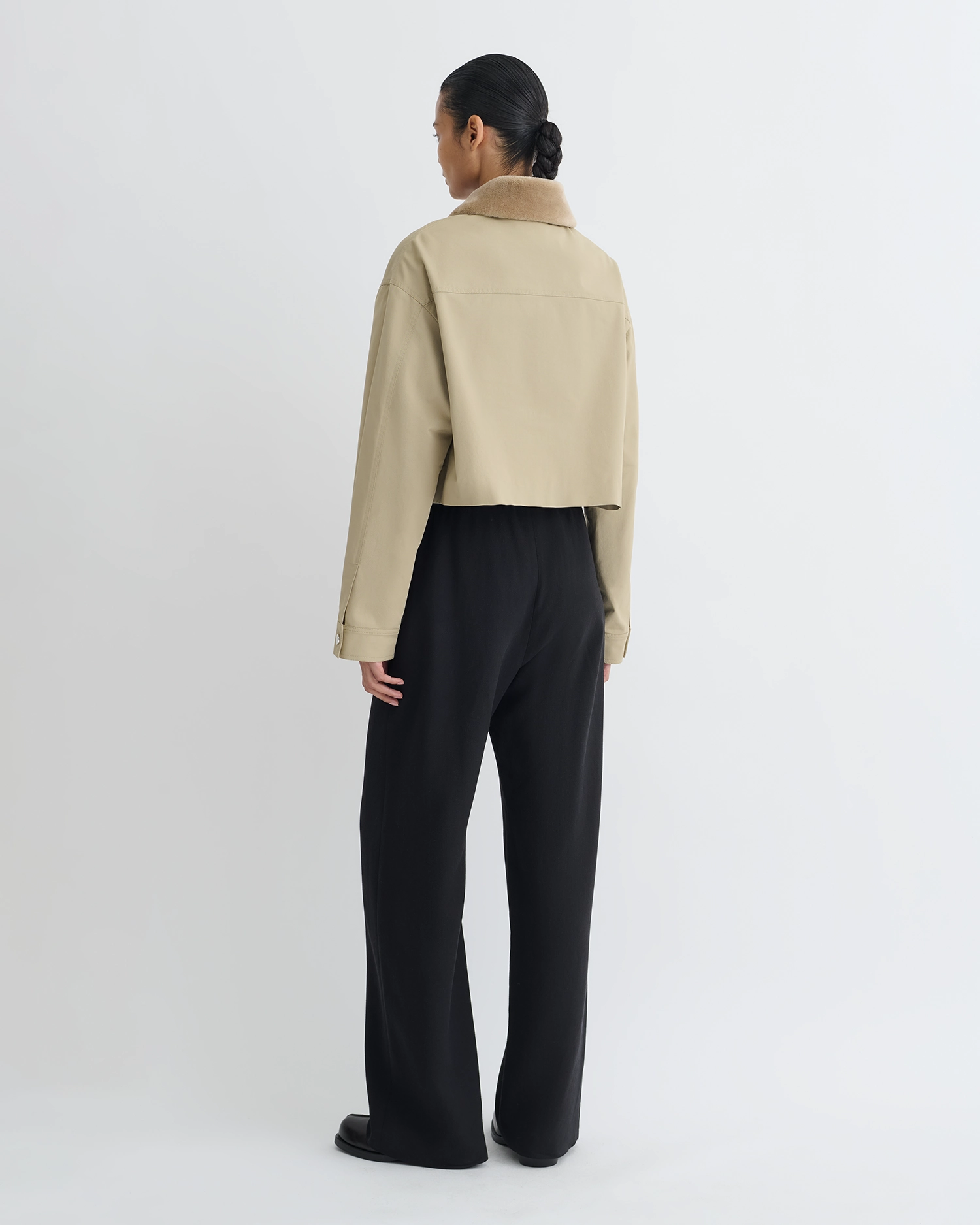 HighVisibility Trim Phebe - Cropped Tech Twill and Faux Fur Jacket - Pebble/Beige