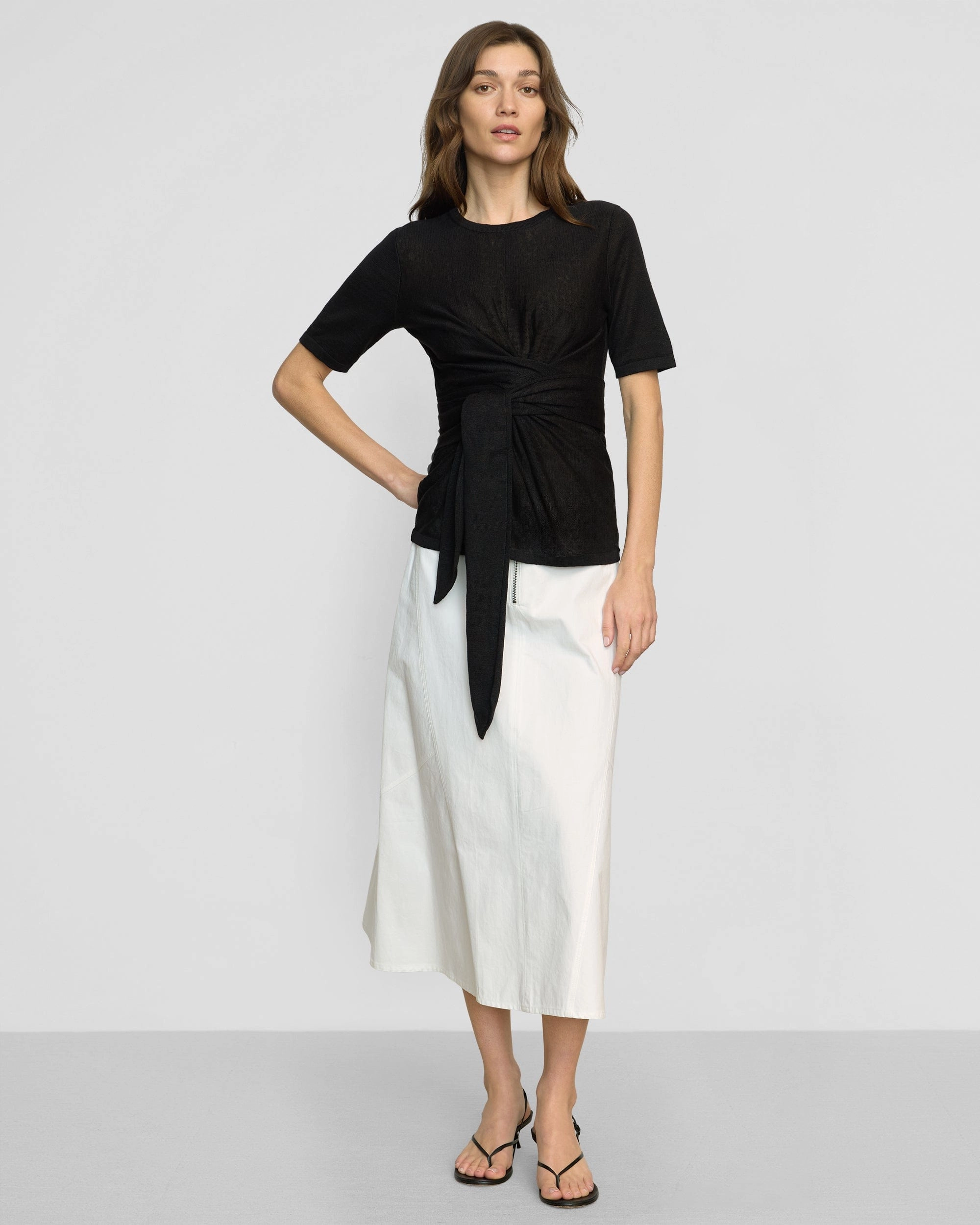 Breathable Warmth Non Static Fiber Tech Lark Tie-Front Linen Sweater