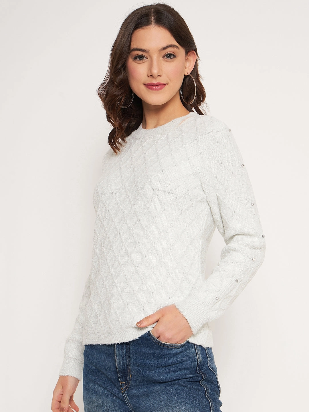 Madame Offwhite Solid Sweater Fine Gauge Knit