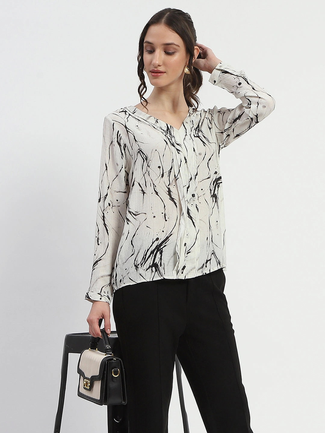 Office Look Madame Rayon Blend Abstract Print Off White Top