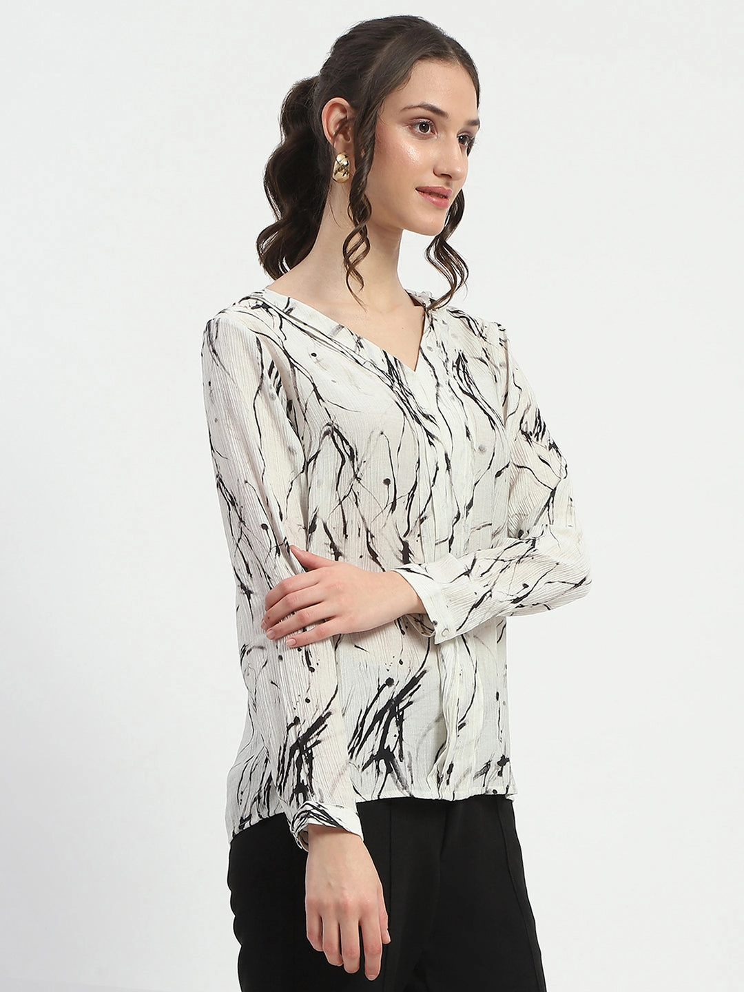 Madame Rayon Blend Abstract Print Off White Top Anti Pilling Treatment