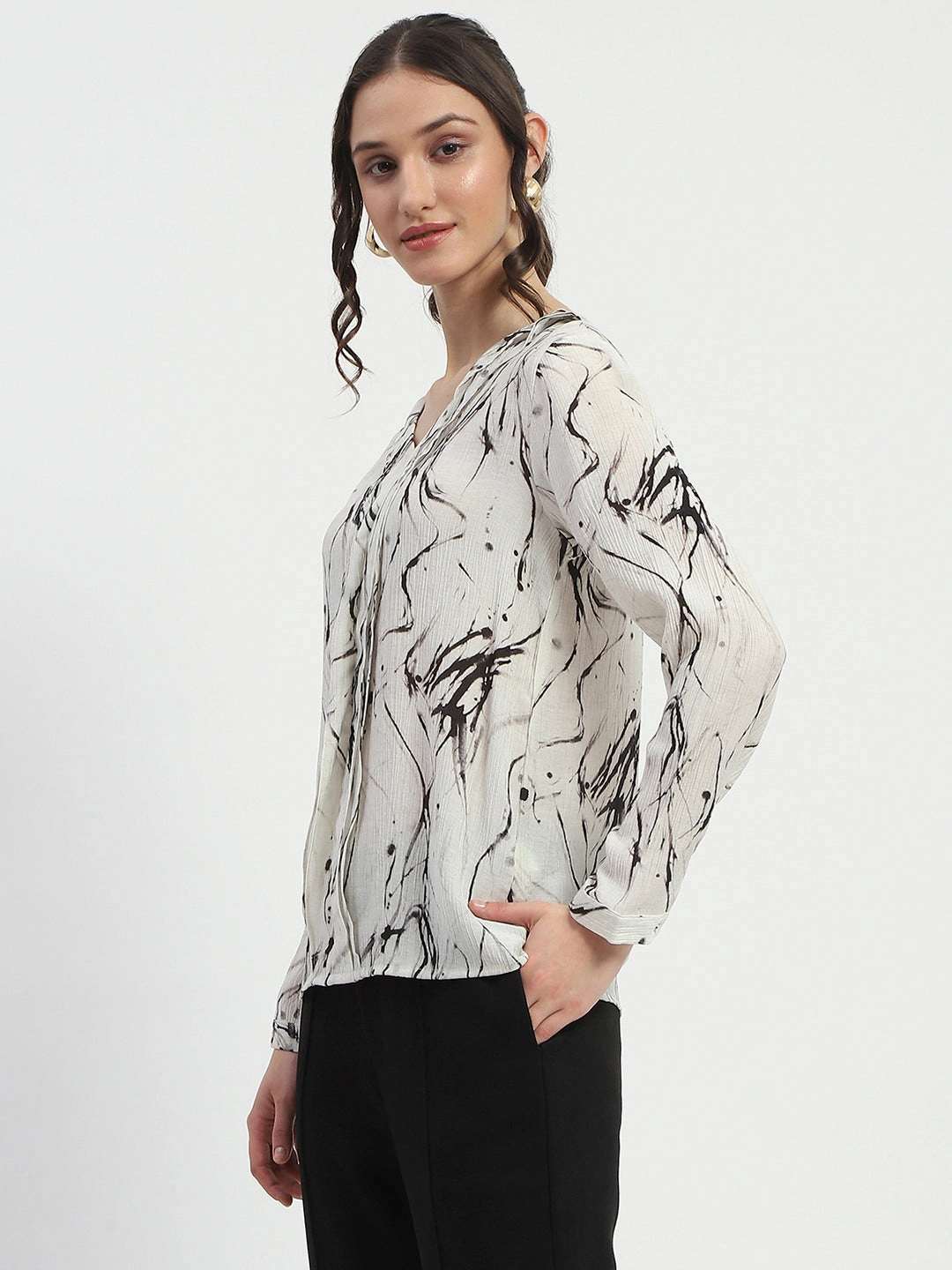 Madame Rayon Blend Abstract Print Off White Top Layered Placket Design