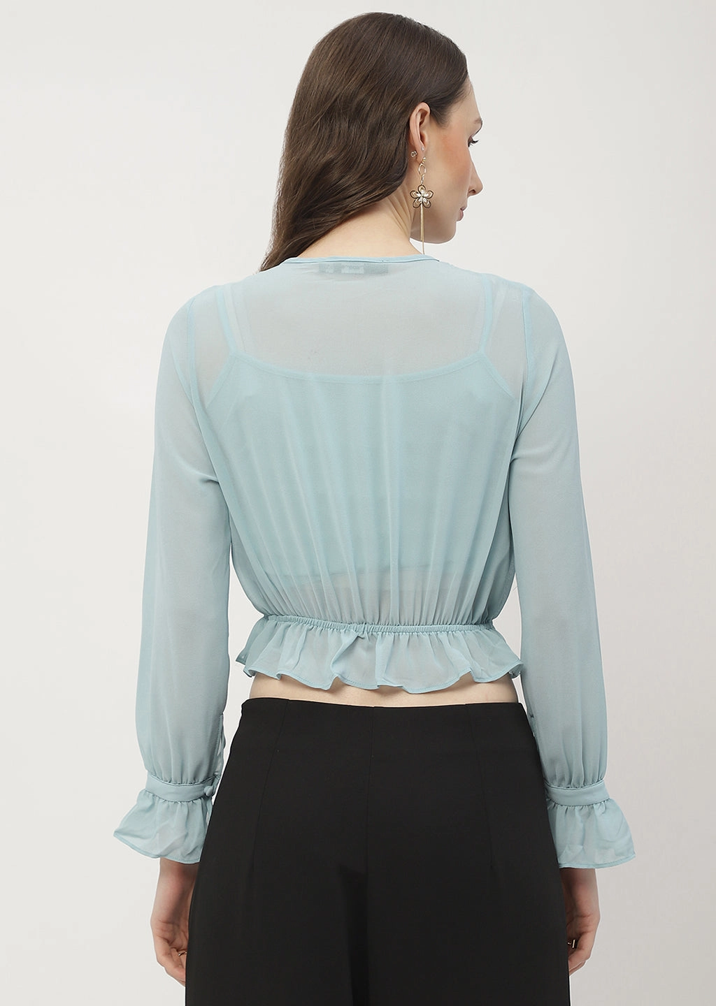 Madame Poet Sleeve Mint Blue Ruffle Top Elegant Blouse TearResistantWeave