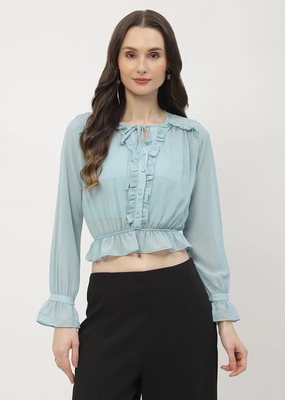 Madame Poet Sleeve Mint Blue Ruffle Top EcoFriendly Material