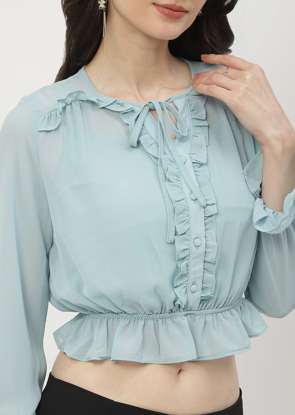 Airflow Optimized Weave Madame Poet Sleeve Mint Blue Ruffle Top