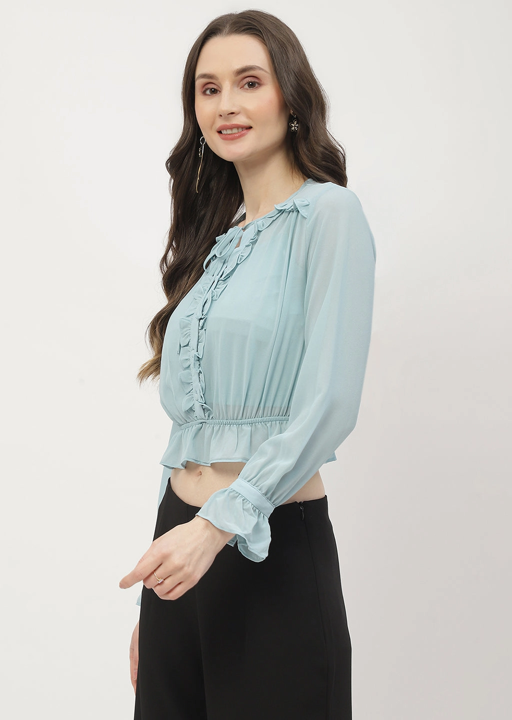 Adaptive Temperature Control Madame Poet Sleeve Mint Blue Ruffle Top