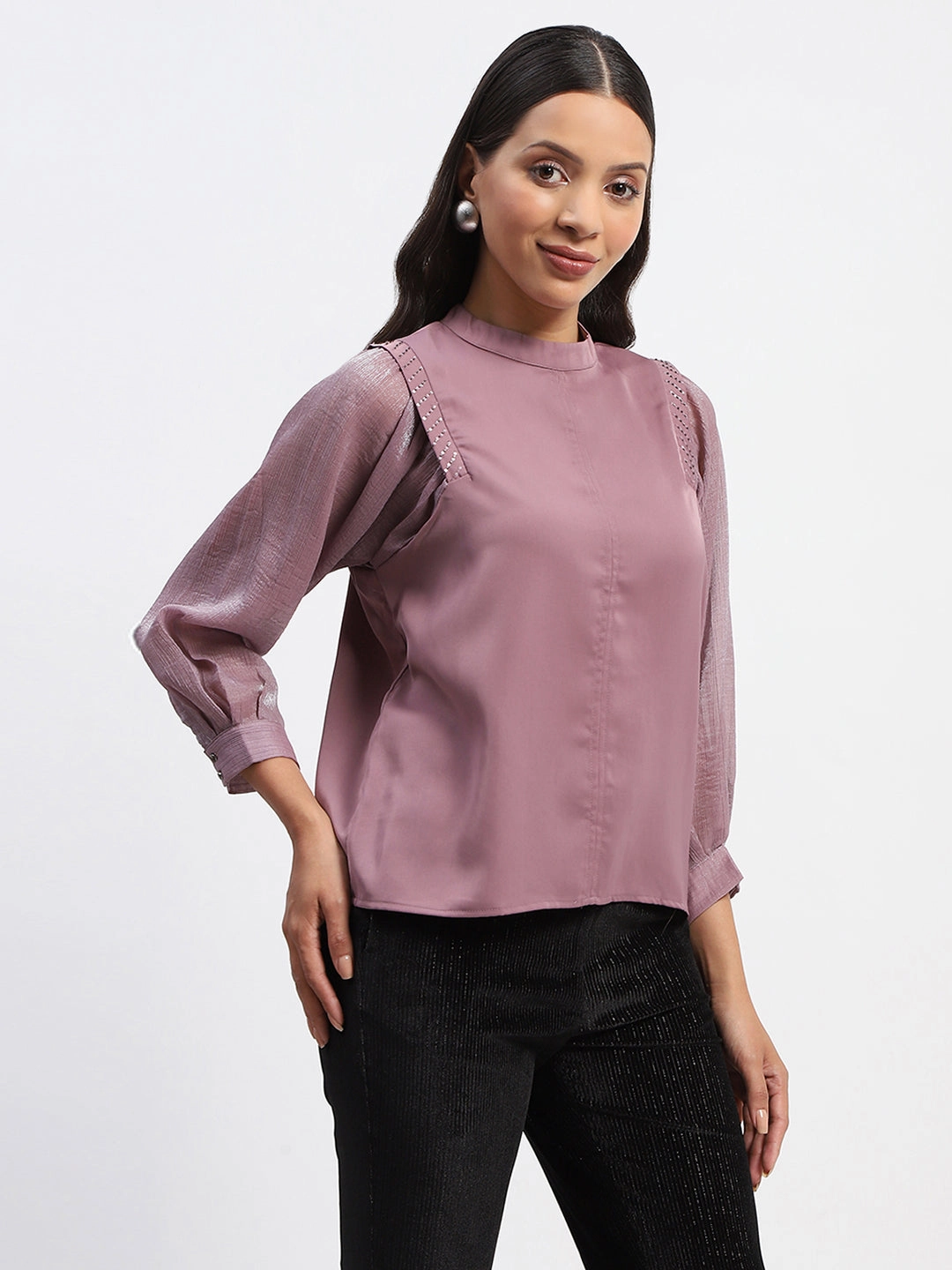 Quick Access Zipper Madame Swarovski Detailed Mock Neck Top