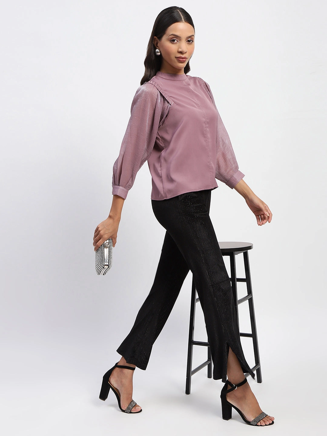 Madame Swarovski Detailed Mock Neck Top Curved Hem