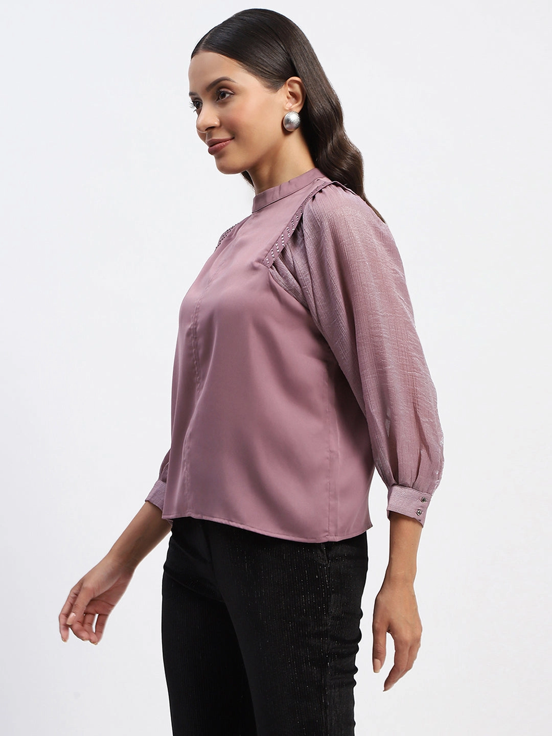 Madame Swarovski Detailed Mock Neck Top UltraSoft Lining Non Iron Fabric