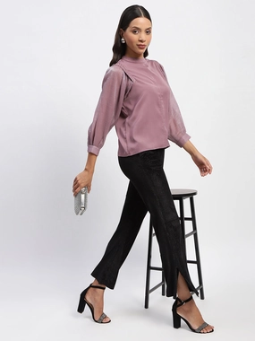 Madame Swarovski Detailed Mock Neck Top Curved Hem