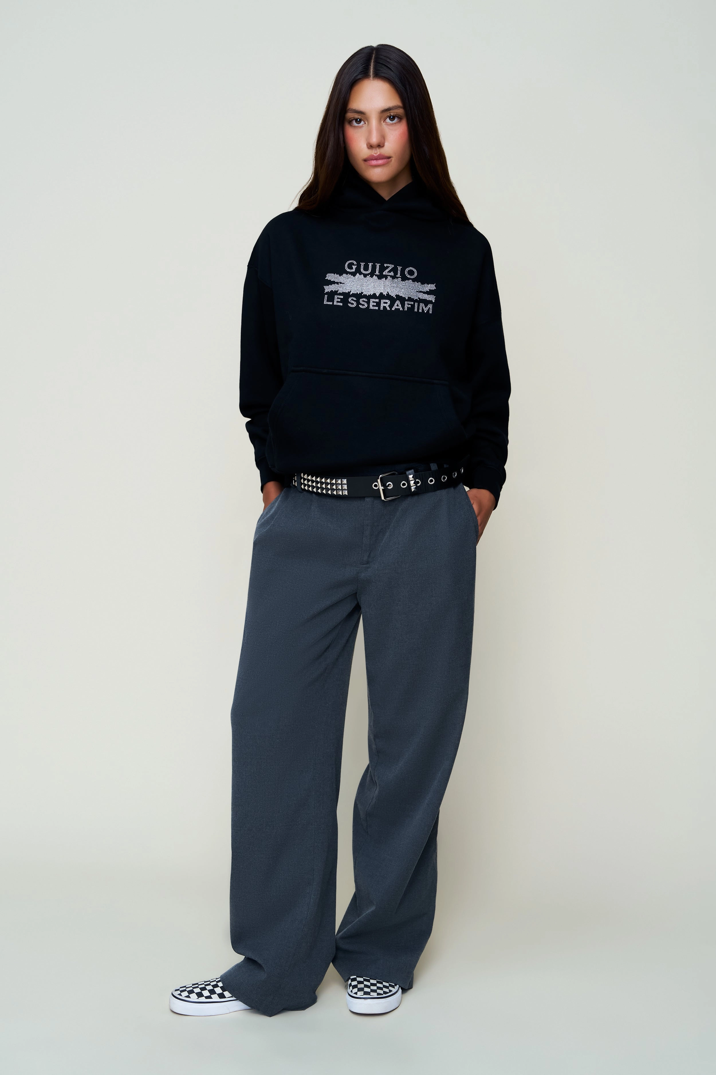 Layered Texture Relax time Bedazzled Pull Over Hoodie