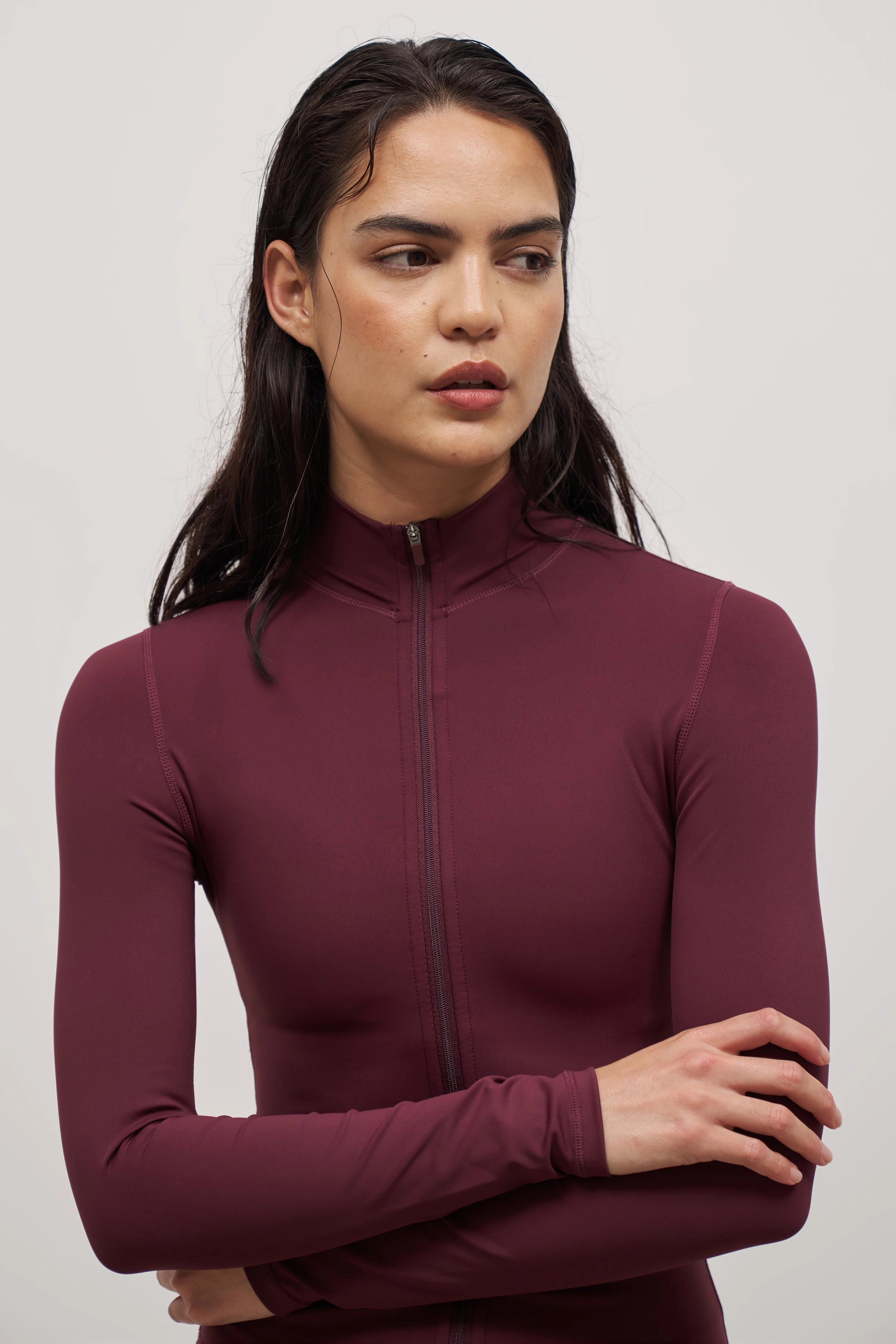 Active Look Weighted Hem Trim Base Sculpting Zip Up Jacket - Merlot