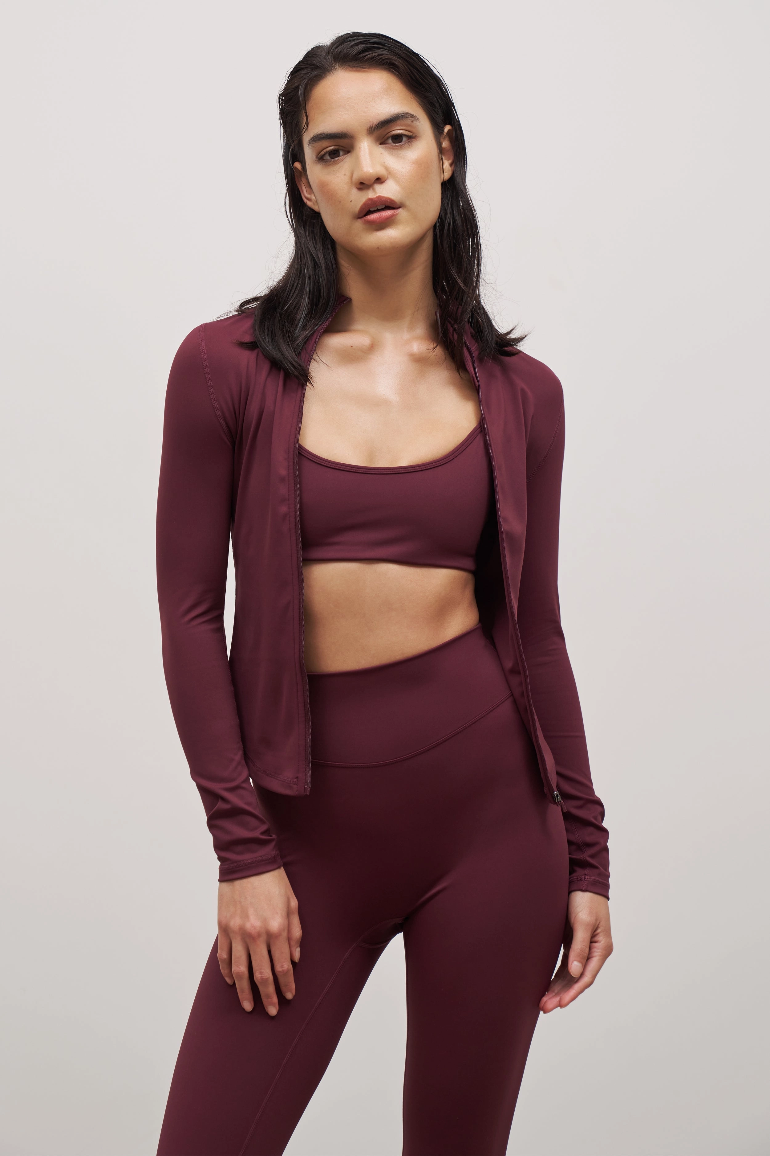 Street Style Base Sculpting Zip Up Jacket - Merlot