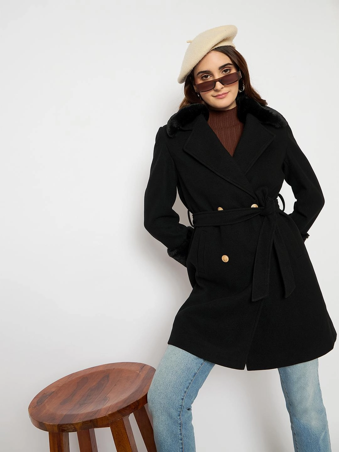 Bomber Cut Madame Faux Fur Appliqu?? Double Breasted Black Long Coat