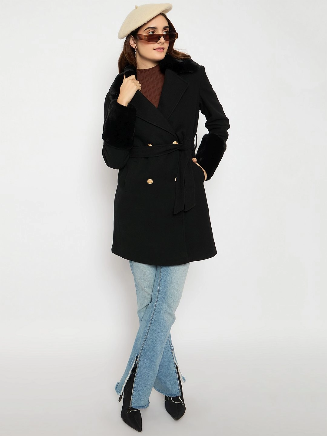 Madame Faux Fur Appliqu?? Double Breasted Black Long Coat Storm Ready Gear