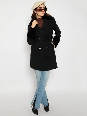 Madame Faux Fur Appliqu?? Double Breasted Black Long Coat Storm Ready Gear