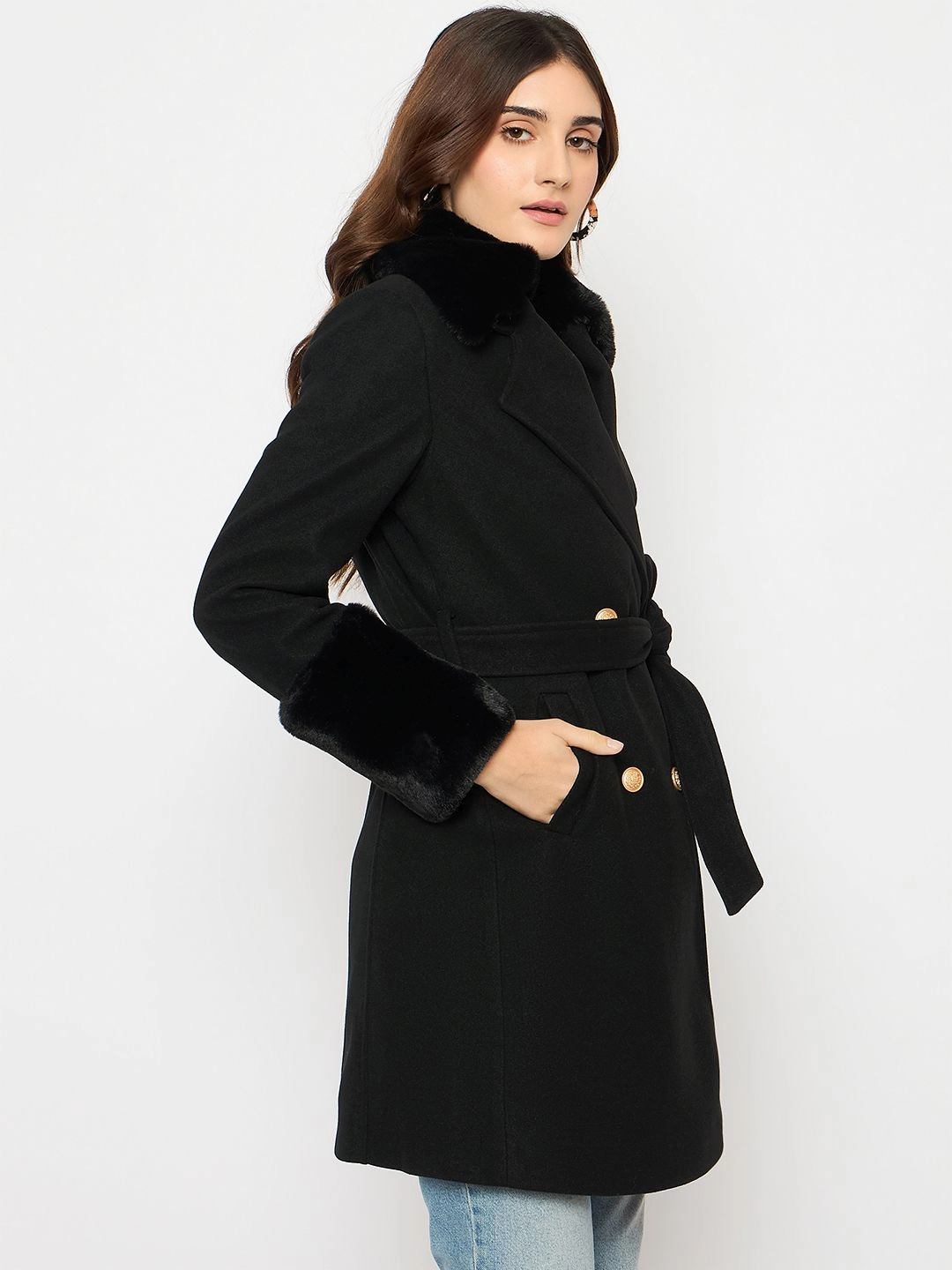 Madame Faux Fur Appliqu?? Double Breasted Black Long Coat All Weather Piece