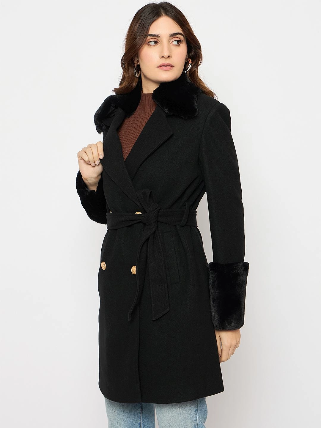 Madame Faux Fur Appliqu?? Double Breasted Black Long Coat Relaxed Daily Style Smooth Flat Collar