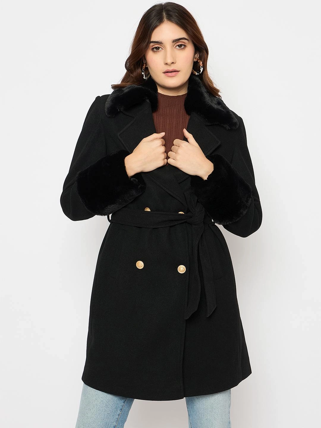 Reinforced Elbow Panels Cool Climate Madame Faux Fur Appliqu?? Double Breasted Black Long Coat