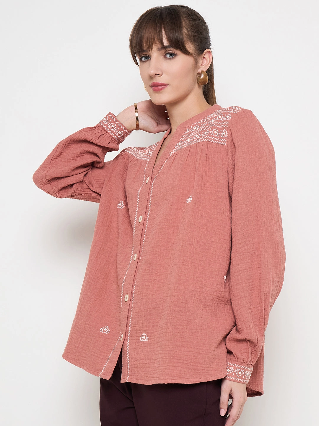 Double Layered Hem Madame Cotton Embroidery Detailed Rust Red Top