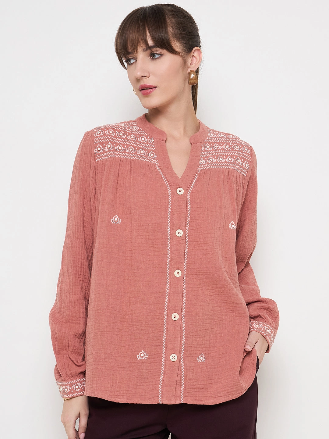 Madame Cotton Embroidery Detailed Rust Red Top DoubleStitched Construction