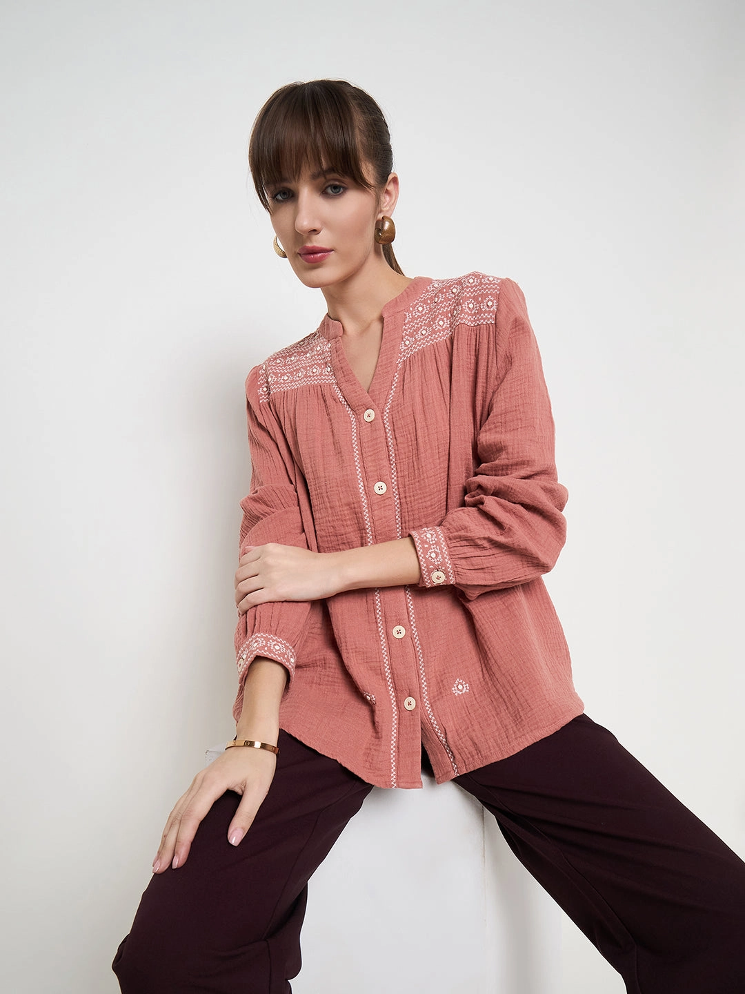 AntiPill Finish Minimalist Detailing Madame Cotton Embroidery Detailed Rust Red Top