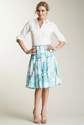 Silk Voile Ruffled Insert Skirt - Blue Print Sophisticated Casual Romantic Vibe