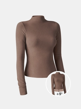 Mesh Lining Brushed Mock Neck Top-Hip Length