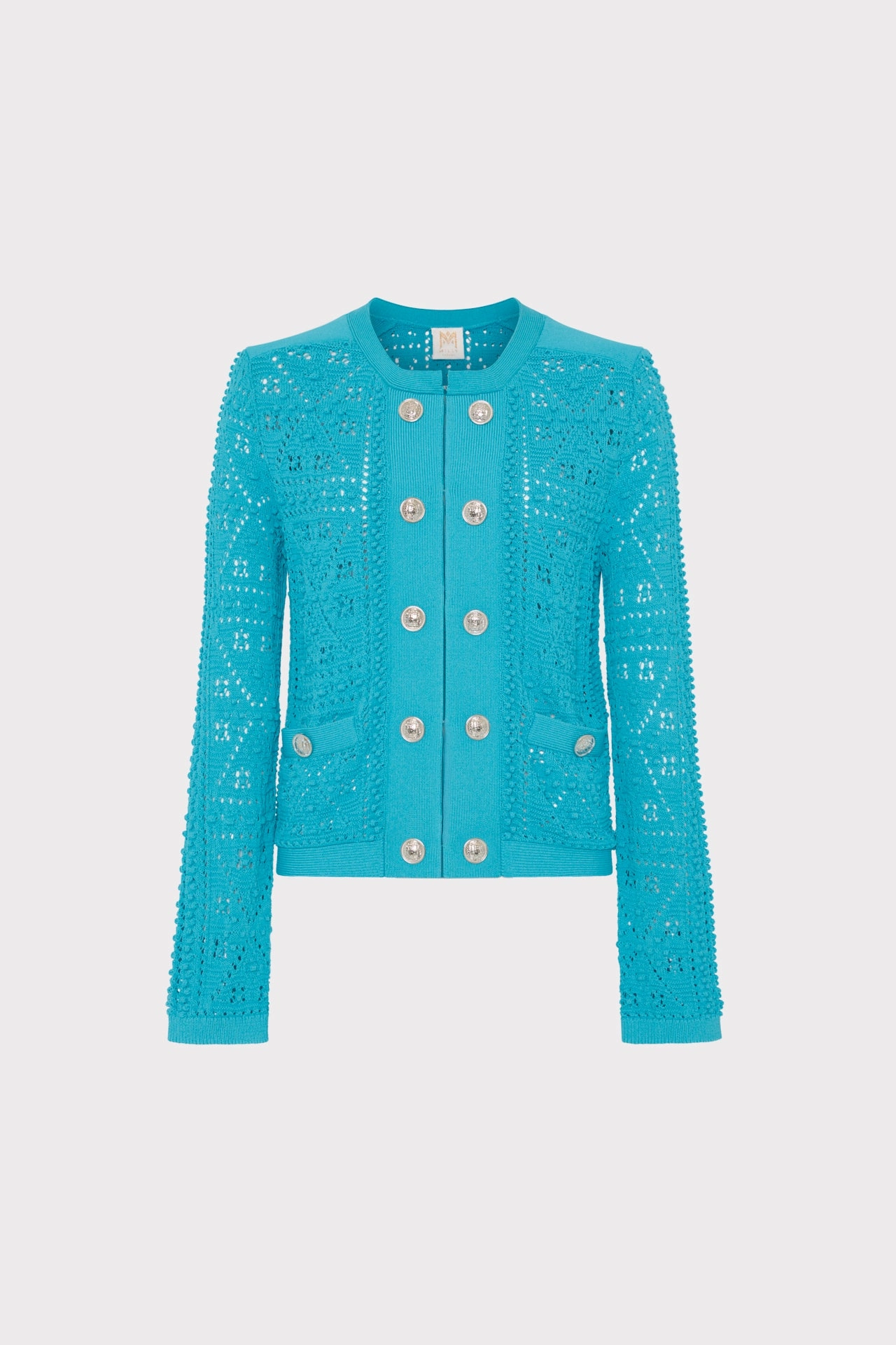 Bubble Pointelle Knit Jacket Layered Knit Ribbed Collar Detail