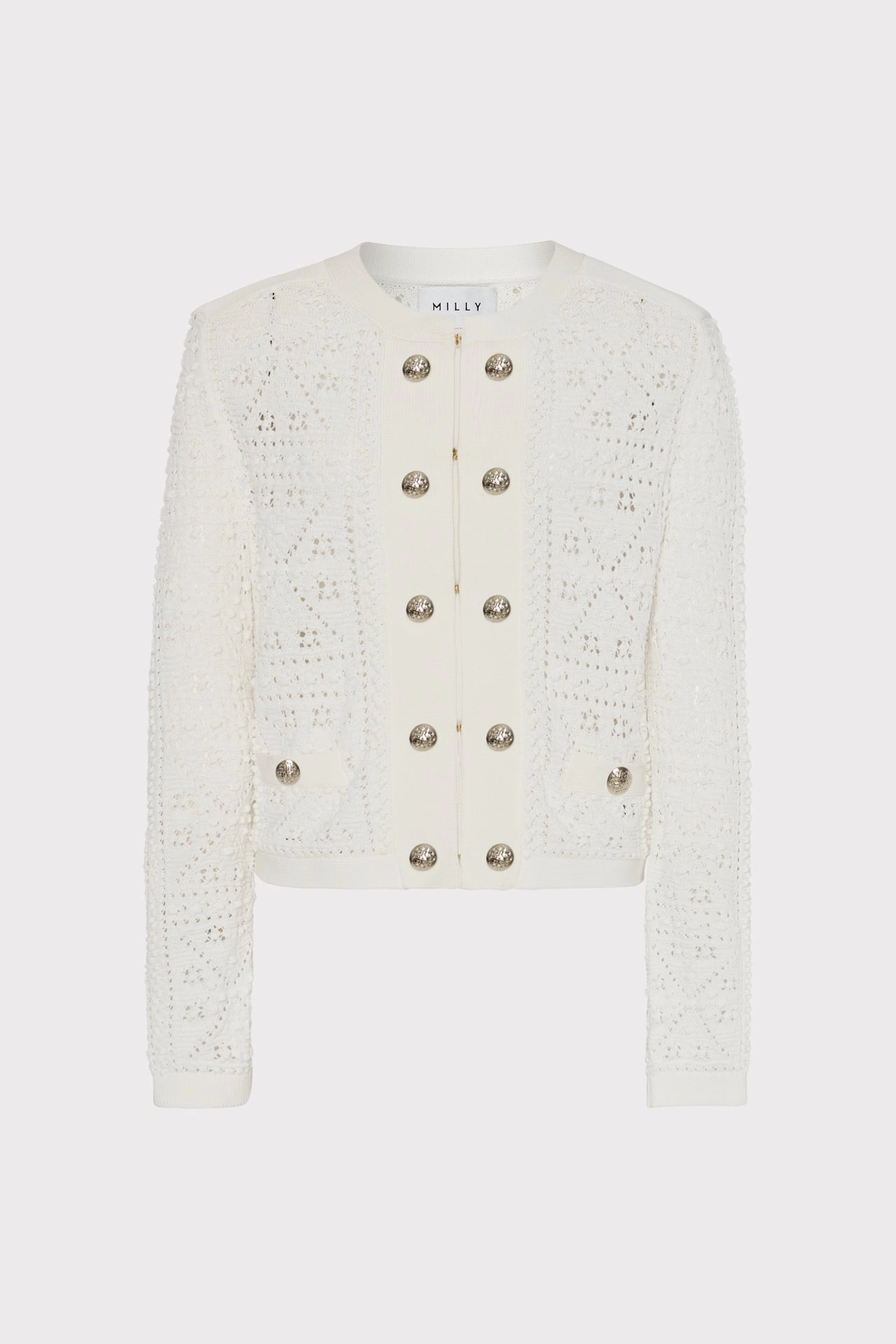 Bubble Pointelle Knit Jacket Flexible Rib Trimming Brushed Inner