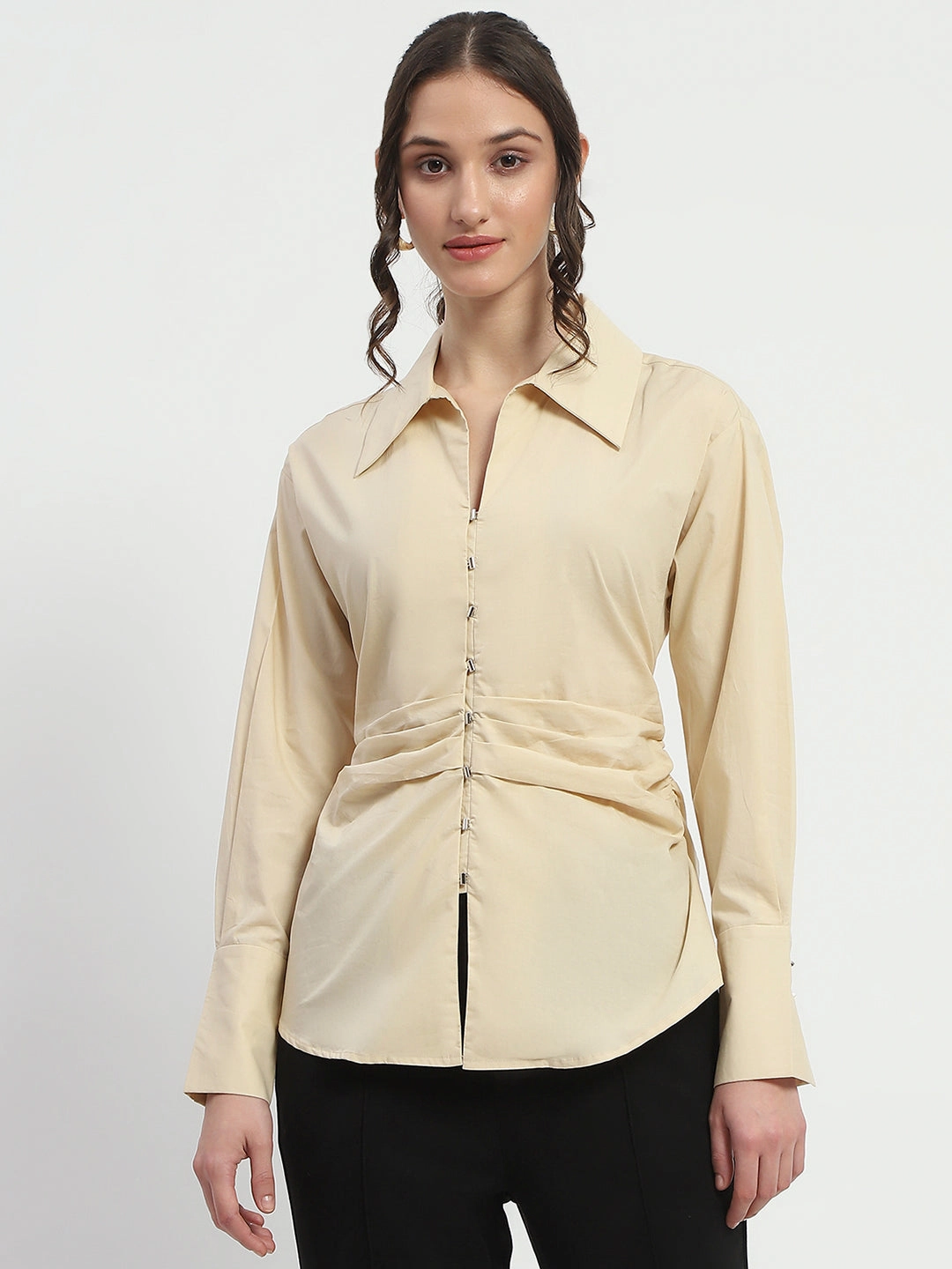 Madame Ruched Waist Wing Necked Solid Beige Cotton Shirt Exclusive Collection Classic Wear