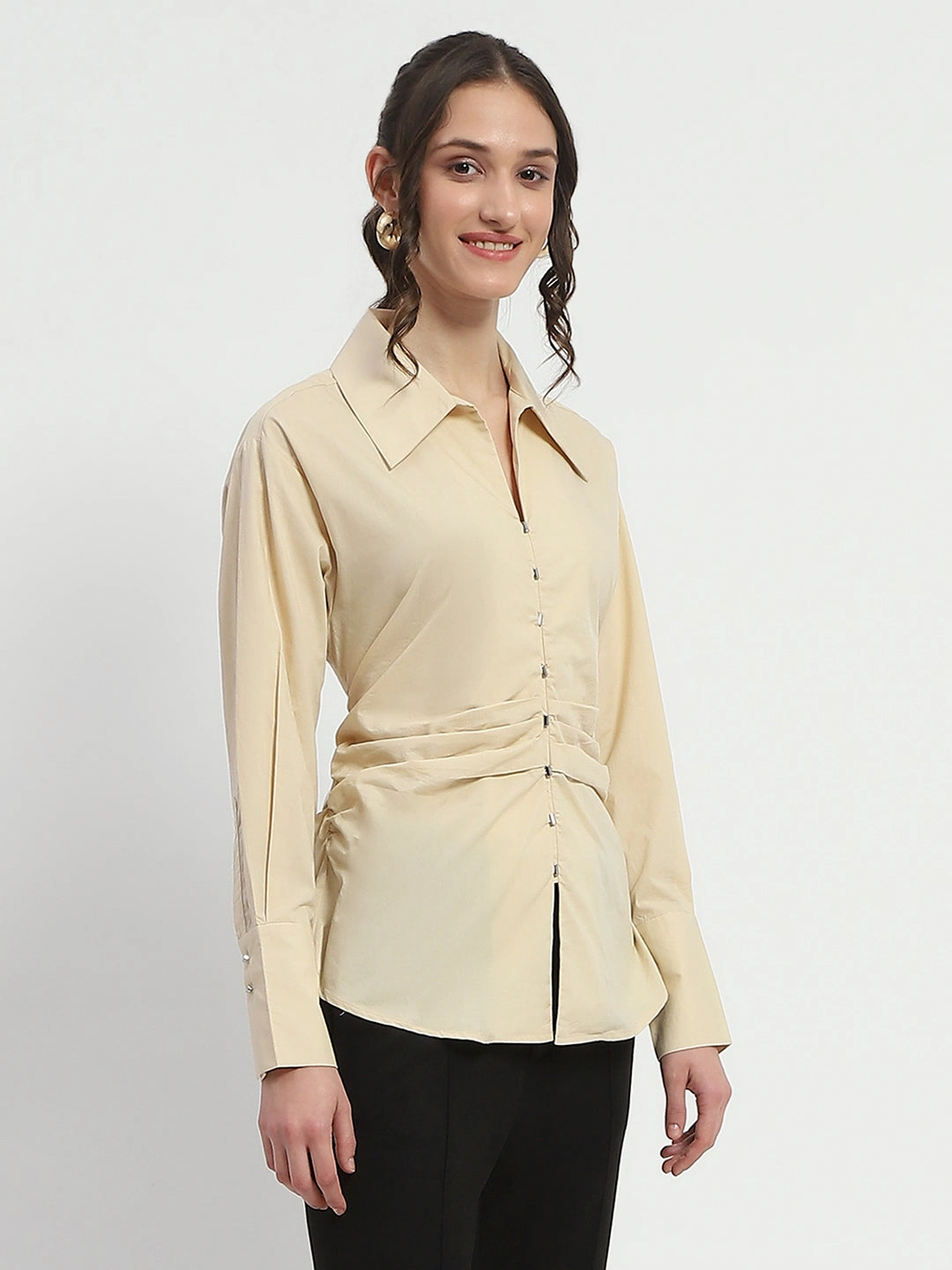 Anti Pill Treatment Madame Ruched Waist Wing Necked Solid Beige Cotton Shirt