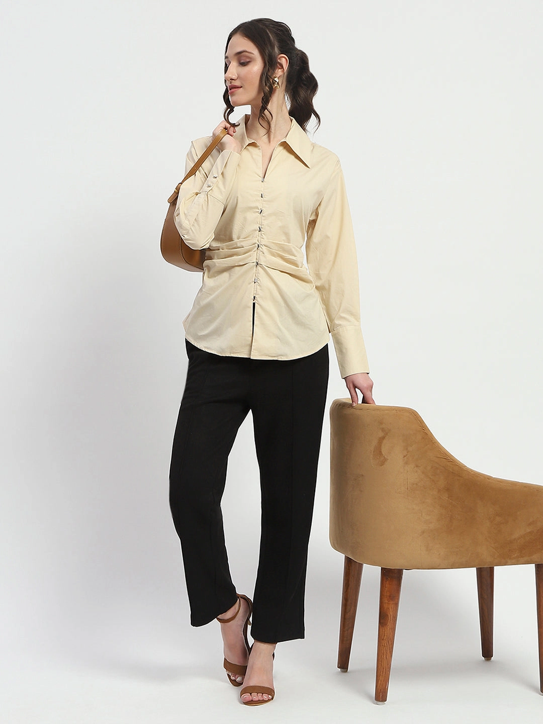 Reinforced Seams Classic Wardrobe Madame Ruched Waist Wing Necked Solid Beige Cotton Shirt