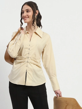 Madame Ruched Waist Wing Necked Solid Beige Cotton Shirt Breathable fabric BBQ Party